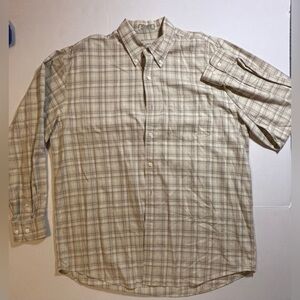 Cutter & Buck Men's L Button Collar Button Up Shirt Tan White Plaid. Long sleeve